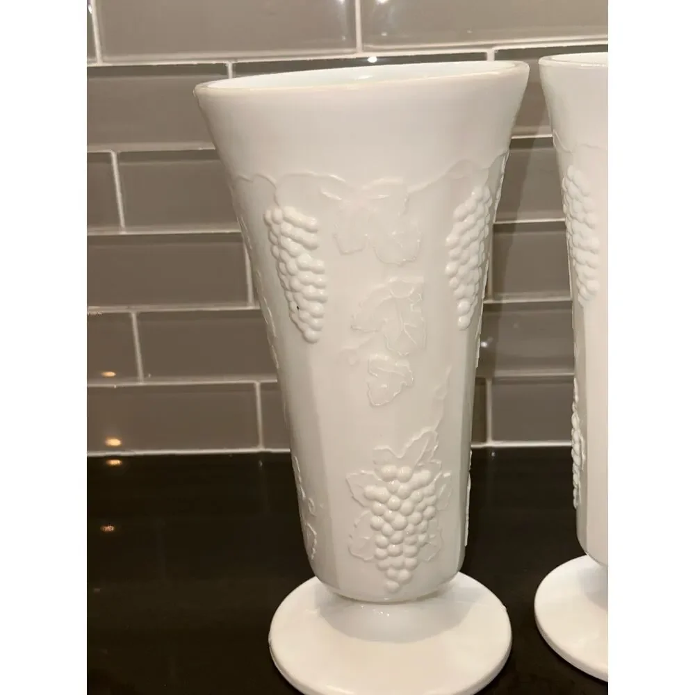 Set of 2 Vintage 10” Indiana Glass Colony Harvest Grape Milk Glass Vase